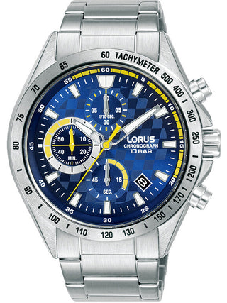 Front view of Lorus Chronograph RM311JX9 Blue Dial Silver Stainless Steel Unisex Watch on white background