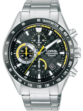 Front view of Lorus Chronograph RM313JX9 Black Dial Silver Stainless Steel Unisex Watch on white background