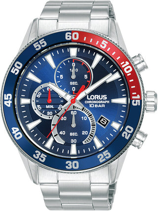 Front view of Lorus Chronograph RM325JX9 Blue Dial Silver Stainless Steel Unisex Watch on white background