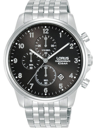 Front view of Lorus Chronograph RM335JX9 Black Dial Silver Stainless Steel Unisex Watch on white background