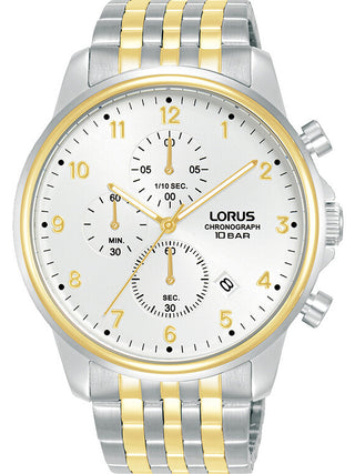 Front view of Lorus Chronograph RM338JX9 Silver Dial Gold Stainless Steel Unisex Watch on white background