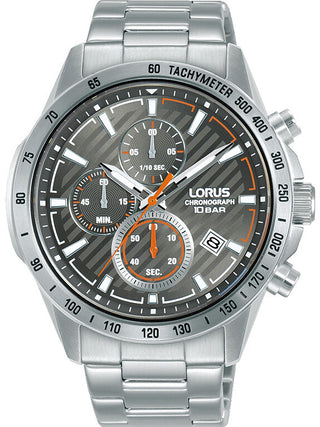 Front view of Lorus Chronograph RM395HX9 Grey Dial Silver Stainless Steel Unisex Watch on white background