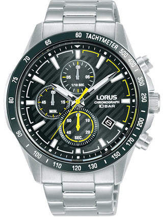 Front view of Lorus Chronograph RM397HX9 Black Dial Silver Stainless Steel Unisex Watch on white background