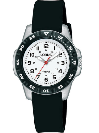 Front view of Lorus RRX53HX9 White Dial Black Silicone Unisex Watch on white background