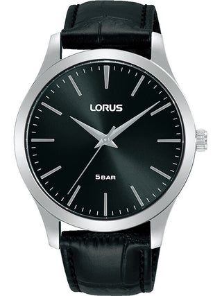 Front view of Lorus RRX71HX9 Black Leather Unisex Watch on white background