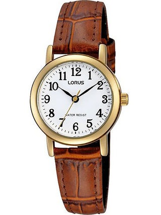 Front view of Lorus RRX98GX9 White Dial Brown Leather Womens Watch on white background