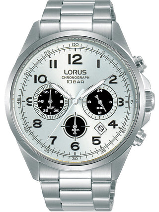 Front view of Lorus Chronograph RT307KX9 Silver Stainless Steel Unisex Watch on white background