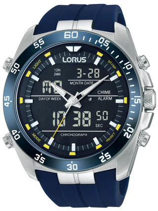 Front view of Lorus Chronograph RW617AX5 Black Dial Blue Silicone Unisex Watch on white background