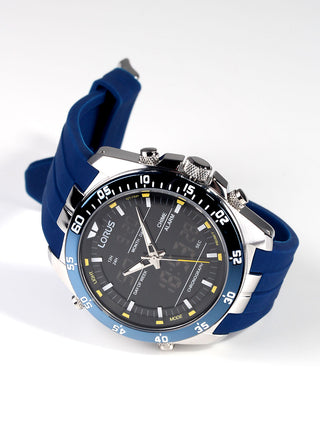 Angle shot of Lorus Chronograph RW617AX5 Black Dial Blue Silicone Unisex Watch on white background