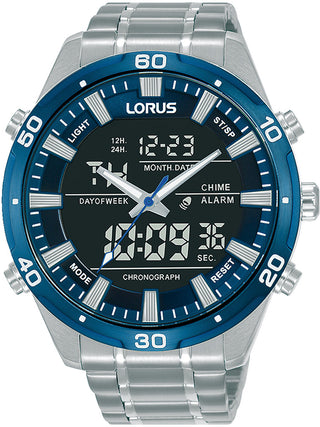 Front view of Lorus RW647AX9 Black Dial Silver Stainless Steel Unisex Watch on white background