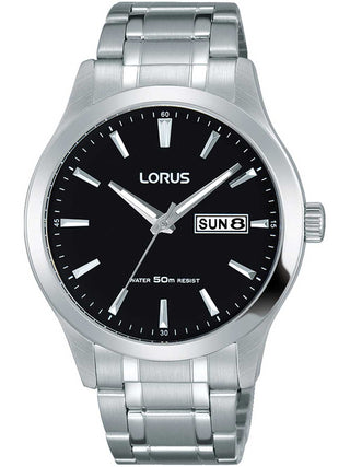 Front view of Lorus RXN23DX5 Black Dial Silver Stainless Steel Unisex Watch on white background
