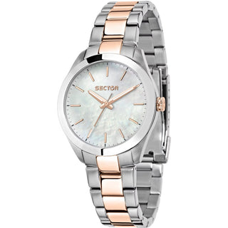 Front view of Sector R3253588520 Mother Of Pearl Dial Rose Gold Stainless Steel Womens Watch on white background