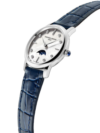 Angle shot of Frederique Constant FC-206MPWD1S6 Mother Of Pearl Dial Blue Leather Womens Watch on white background