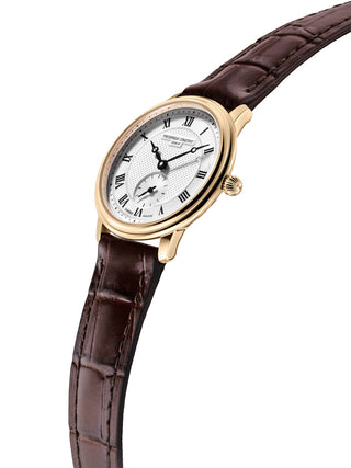 Angle shot of Frederique Constant FC-235M1S5 Silver Dial Brown Leather Womens Watch on white background