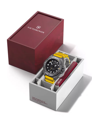 Angle shot of Victorinox 241992 Black Dial Yellow Strap Unisex Watch on white background