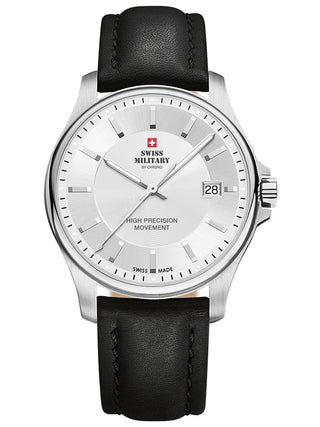 Angle shot of Swiss Military By Chrono SM30200.11 Silver Dial Black Leather Unisex Watch on white background