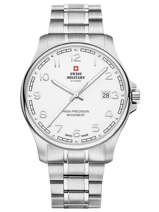 Angle shot of Swiss Military By Chrono SM30200.17 White Dial Silver Stainless Steel Unisex Watch on white background