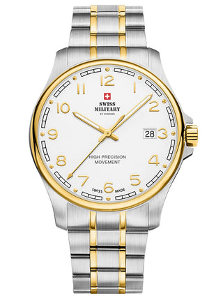 Angle shot of Swiss Military By Chrono SM30200.20 White Dial Gold Stainless Steel Unisex Watch on white background