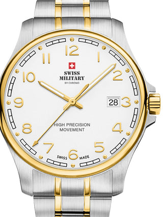 Front view of Swiss Military By Chrono SM30200.20 White Dial Gold Stainless Steel Unisex Watch on white background