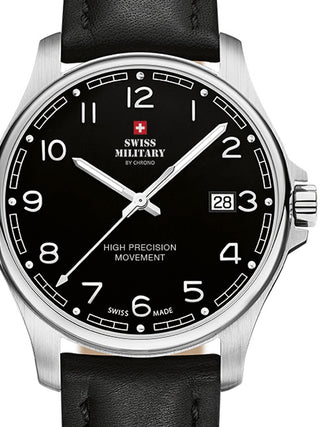 Front view of Swiss Military By Chrono SM30200.24 Black Leather Unisex Watch on white background