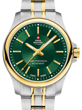 Front view of Swiss Military By Chrono SM30201.32 Green Dial Gold Stainless Steel Womens Watch on white background