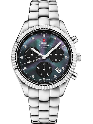 Angle shot of Swiss Military By Chrono Chronograph SM30207.01 Mother Of Pearl Dial Silver Stainless Steel Womens Watch on white background