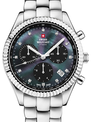 Front view of Swiss Military By Chrono Chronograph SM30207.01 Mother Of Pearl Dial Silver Stainless Steel Womens Watch on white background