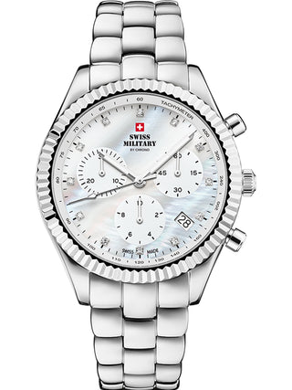 Angle shot of Swiss Military By Chrono Chronograph SM30207.02 Mother Of Pearl Dial Silver Stainless Steel Womens Watch on white background