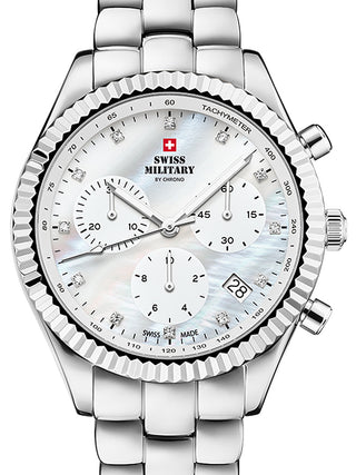 Front view of Swiss Military By Chrono Chronograph SM30207.02 Mother Of Pearl Dial Silver Stainless Steel Womens Watch on white background