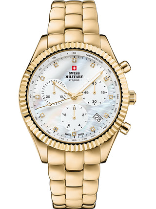 Angle shot of Swiss Military By Chrono Chronograph SM30207.03 Mother Of Pearl Dial Gold Stainless Steel Womens Watch on white background