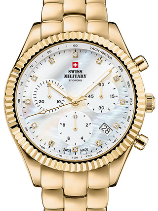 Front view of Swiss Military By Chrono Chronograph SM30207.03 Mother Of Pearl Dial Gold Stainless Steel Womens Watch on white background