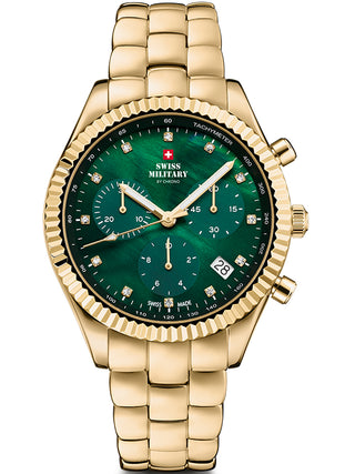 Angle shot of Swiss Military By Chrono Chronograph SM30207.04 Green Dial Gold Stainless Steel Womens Watch on white background