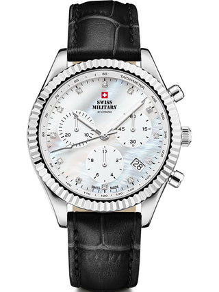 Angle shot of Swiss Military By Chrono Chronograph SM30207.05 Mother Of Pearl Dial Black Leather Womens Watch on white background
