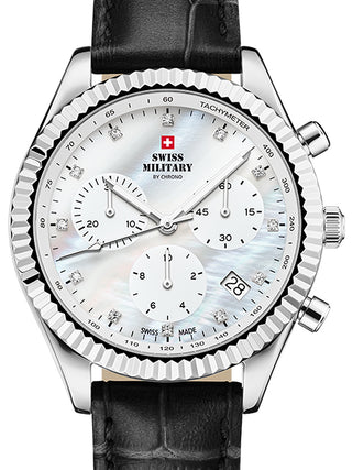 Front view of Swiss Military By Chrono Chronograph SM30207.05 Mother Of Pearl Dial Black Leather Womens Watch on white background