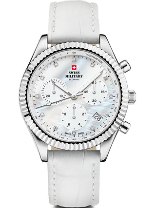 Angle shot of Swiss Military By Chrono Chronograph SM30207.06 Mother Of Pearl Dial White Leather Womens Watch on white background