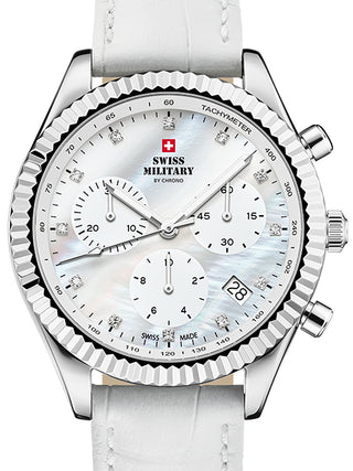 Front view of Swiss Military By Chrono Chronograph SM30207.06 Mother Of Pearl Dial White Leather Womens Watch on white background