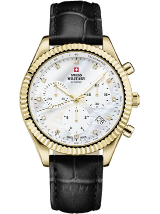 Angle shot of Swiss Military By Chrono Chronograph SM30207.07 Mother Of Pearl Dial Black Leather Womens Watch on white background