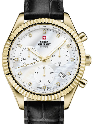 Front view of Swiss Military By Chrono Chronograph SM30207.07 Mother Of Pearl Dial Black Leather Womens Watch on white background