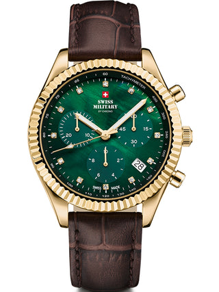 Angle shot of Swiss Military By Chrono Chronograph SM30207.08 Green Dial Brown Leather Womens Watch on white background