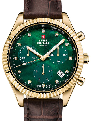 Front view of Swiss Military By Chrono Chronograph SM30207.08 Green Dial Brown Leather Womens Watch on white background