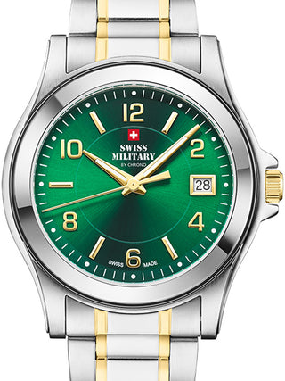 Front view of Swiss Military By Chrono SM34002.28 Green Dial Gold Stainless Steel Unisex Watch on white background