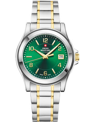 Angle shot of Swiss Military By Chrono SM34002.28 Green Dial Gold Stainless Steel Unisex Watch on white background