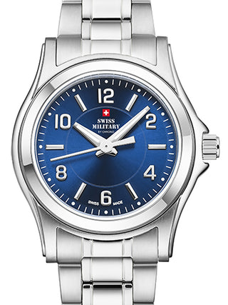 Front view of Swiss Military By Chrono SM34003.23 Blue Dial Silver Stainless Steel Womens Watch on white background