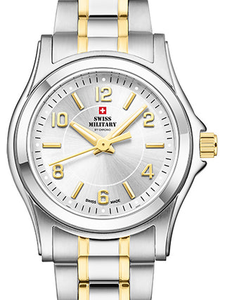 Front view of Swiss Military By Chrono SM34003.26 Black Dial Gold Stainless Steel Womens Watch on white background