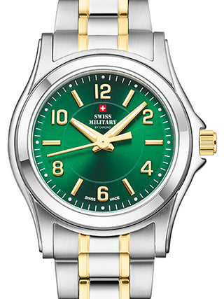 Front view of Swiss Military By Chrono SM34003.28 Green Dial Gold Stainless Steel Womens Watch on white background