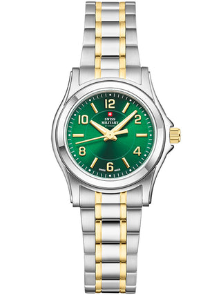 Angle shot of Swiss Military By Chrono SM34003.28 Green Dial Gold Stainless Steel Womens Watch on white background