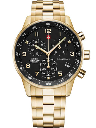 Angle shot of Swiss Military By Chrono Chronograph SM34012.12 Black Dial Gold Stainless Steel Unisex Watch on white background
