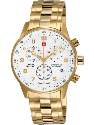 Front view of Swiss Military By Chrono Chronograph SM34012.03 White Dial Gold Stainless Steel Unisex Watch on white background