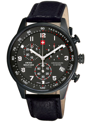 Front view of Swiss Military By Chrono Chronograph SM34012.08 Black Leather Unisex Watch on white background