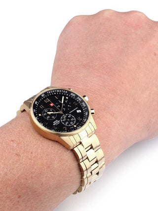 Angle shot of Swiss Military By Chrono Chronograph SM34012.12 Black Dial Gold Stainless Steel Unisex Watch on white background